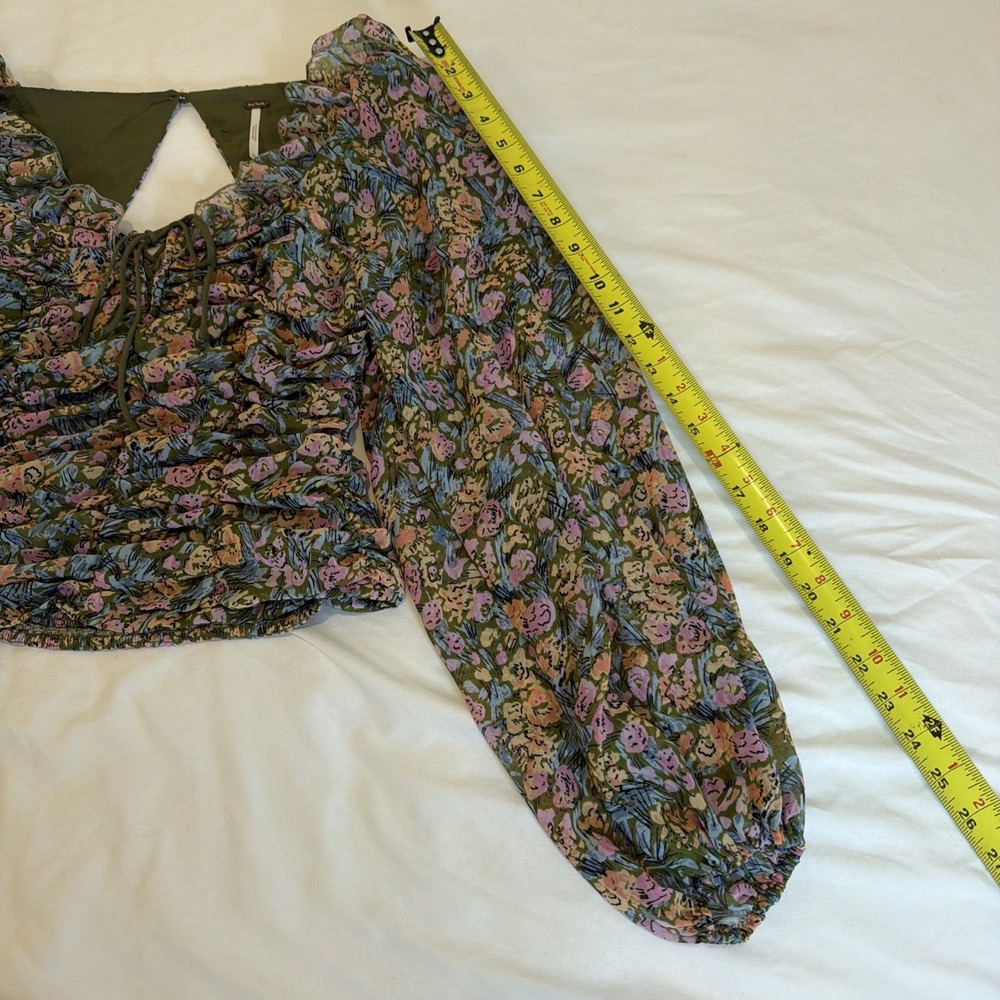 Free People Shirt Womens XS Green Floral Smocked Mabel Puff Sleeve Boho Top - Picture 4 of 7